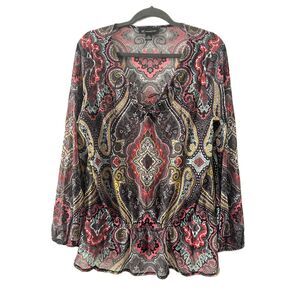 INC Blouse Womens Size XL Black Peasant Long Sleeve Paisley Print Sheer Blouse